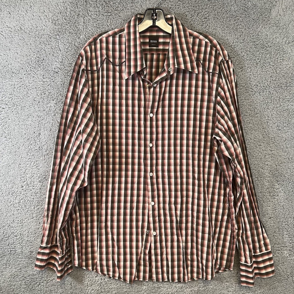 Hugo Boss Slim Fit Shirt Mens 2XL XXL Brown Check Pearl Snap Long Sleeve Western